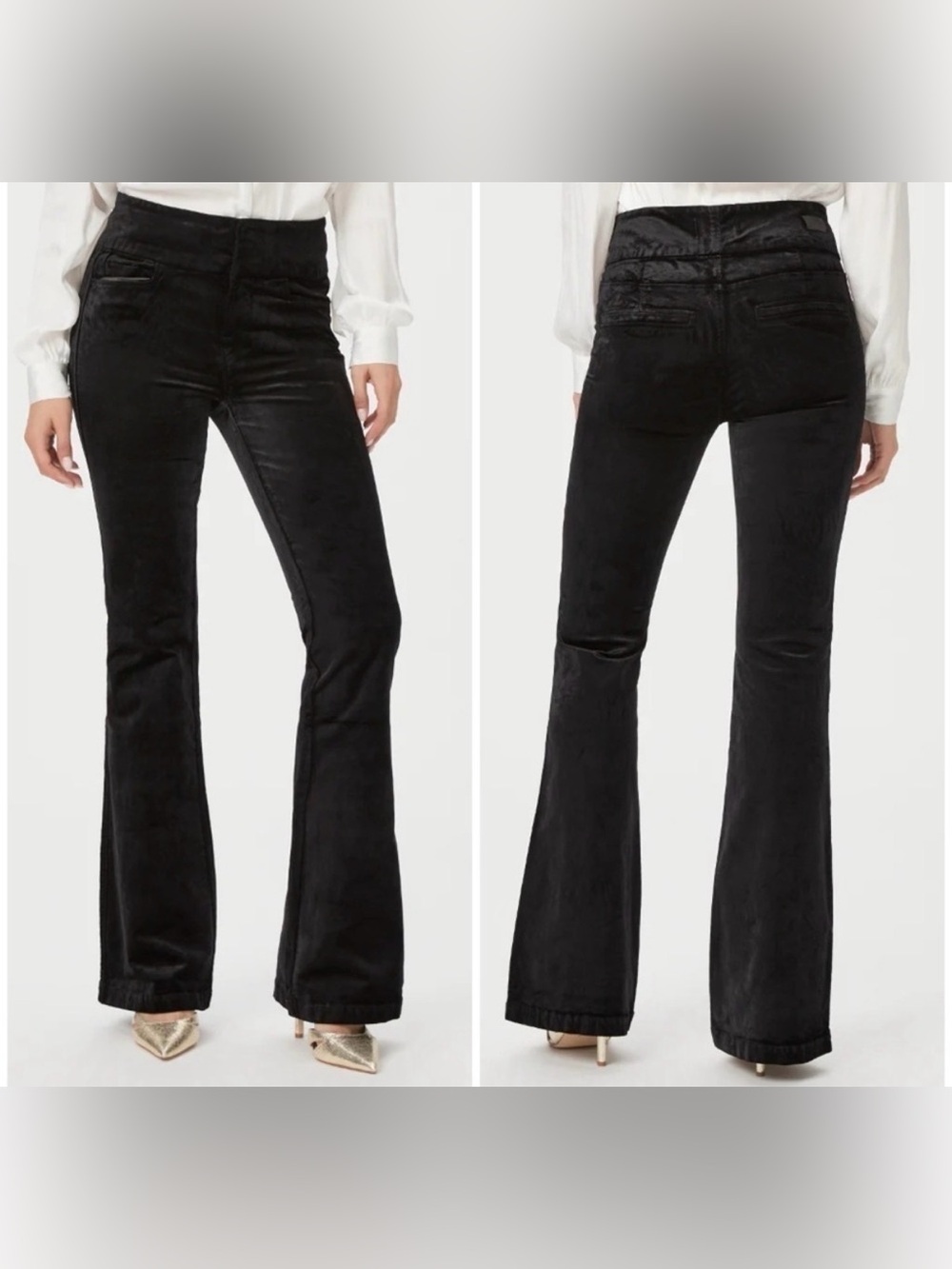 PAIGE Lou Lou Velvet Flare Pants Womens 25 Black High Rise Stretch Trouser